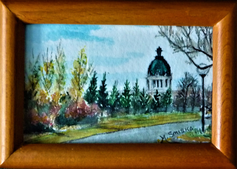 Watercolor on paper, framed 2 1/2"x3 1/2", LEG. ON QUINN DR., $45, by msmiskocreations,com
msmisko@yahoo.ca