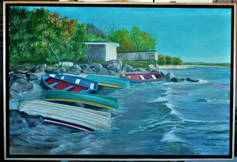 Acrylic on canvas, framed 26"x38", ROCKY SHORES, $800, by msmiskocreations.com
msmisko@yahoo.ca
